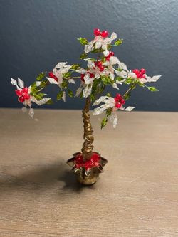 Vintage Handmade Beaded Wire Bonsai Tree Christmas Holly Red Green Frosted Leave