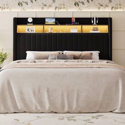 Queen Size Platform Bed Frame / 2-Tier Storage Shelf/Velvet Wingback Upholstered Headboard/LED Lights and Charging Station/No Box Spring Needed/Noise-