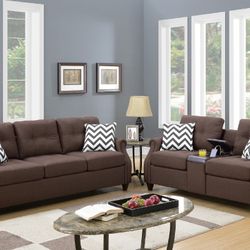 Sofa & Loveseat W/USB Console-Dark Coffee
