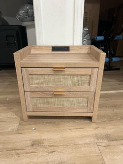 Night Stand with Type-C Charging Station, 2 Drawers Storage - Boho Night Stands End Table for Bedroom - Light Oak