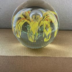 Vintage Hand-Blown Art Glass Paperweight, Yellow Flower Air Bubble. Nice Décor, 3.5” diameter.