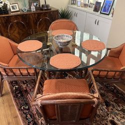 Vintage Rattan Round Glass Dining Table w/4 Chairs