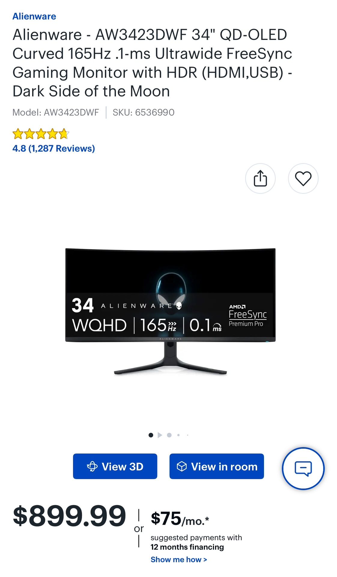 Alienware AW3423DWF 34” QD-OLED Curved 165hz. .1ms Ultrawide Gaming Monitor With HDR