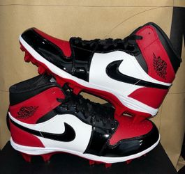 Nike Jordan 1 Mid Football Cleats Patent Leather Bred Toe FJ6805-601 Mens size 8