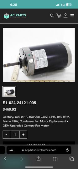 Century, York 2 HP, 460/208-230V, 3 PH, 1140 RPM, Frame P56Y, Condenser Fan Motor Replacement