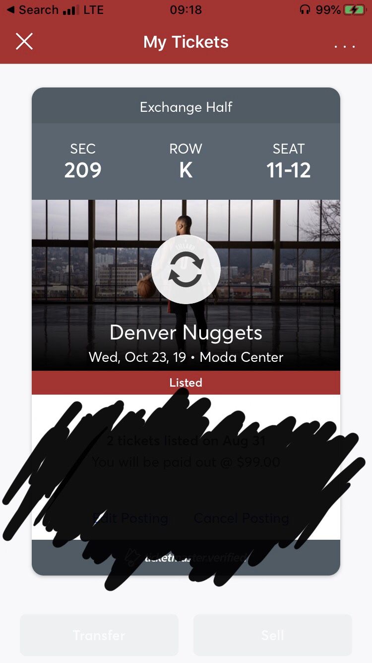 2 Home Opener 200 level Trail Blazers tickets vs Denver Nuggets