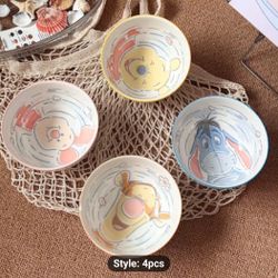 4pcs Disney Winnie the Pooh & Friends Ceramic Bowl Set - Tigger, Eeyore, Piglet & Pooh Collectible Plates, Microwave & Dishwasher Safe ' Dinnerware