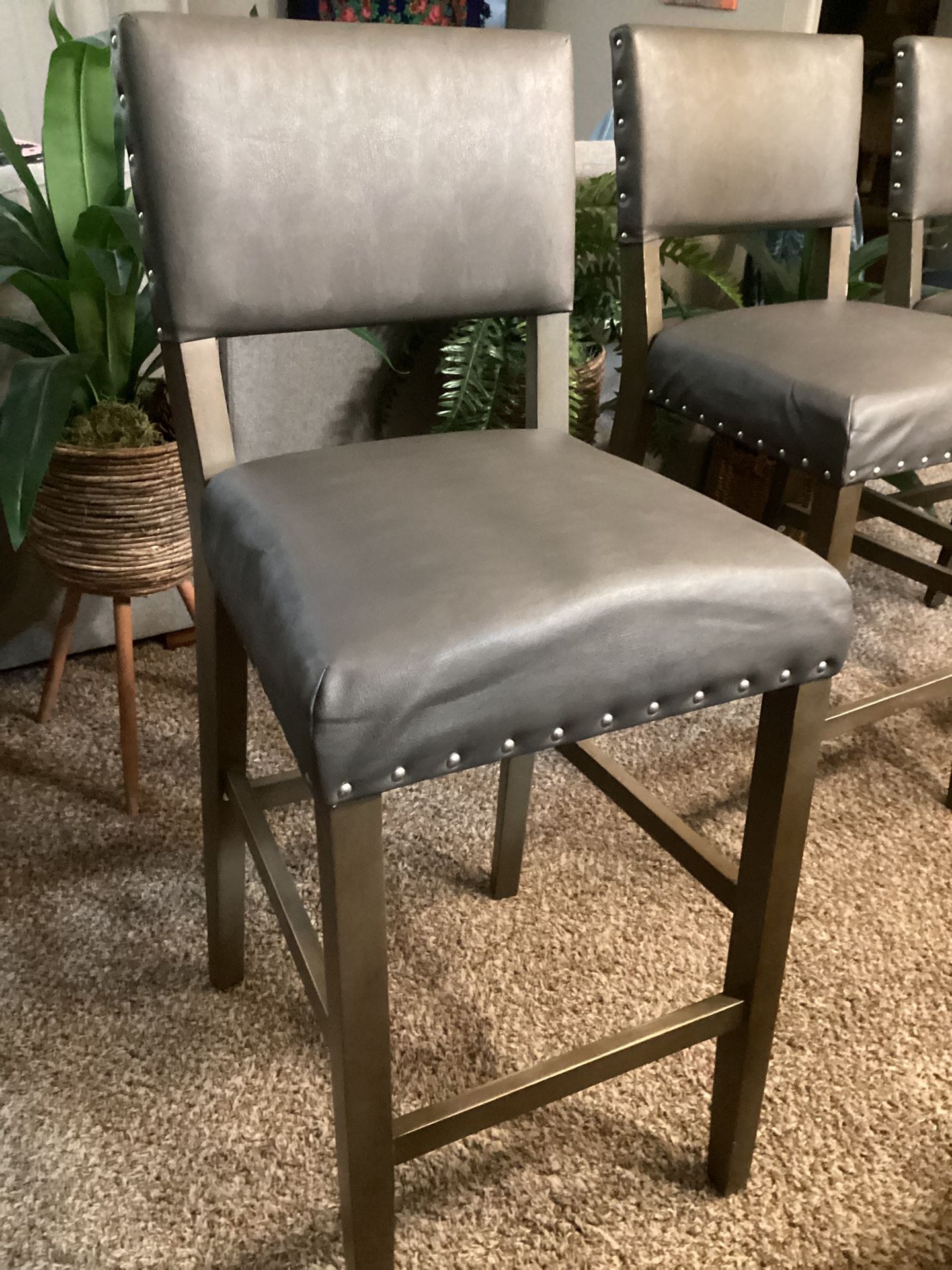 3 Gray Leather Barstools 43.5” Height, 29” Seating For $50