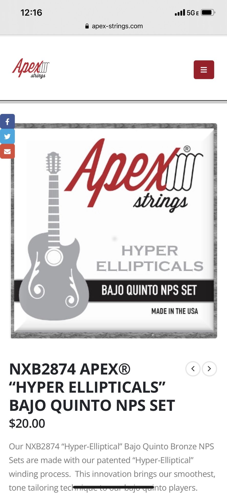 Apex Strings “Hyper Ellipticals” Bajo Quinto NPS Set