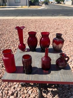 8 Rube red glass items: vases and other ruby red glass for use or sun display