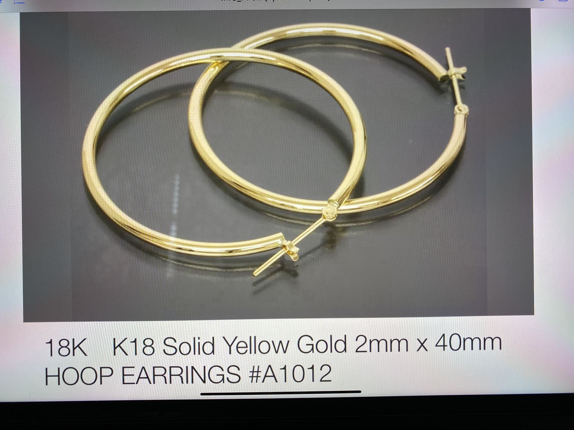 18k k18 solid yellow gold 2MM x40mm hoop earring.