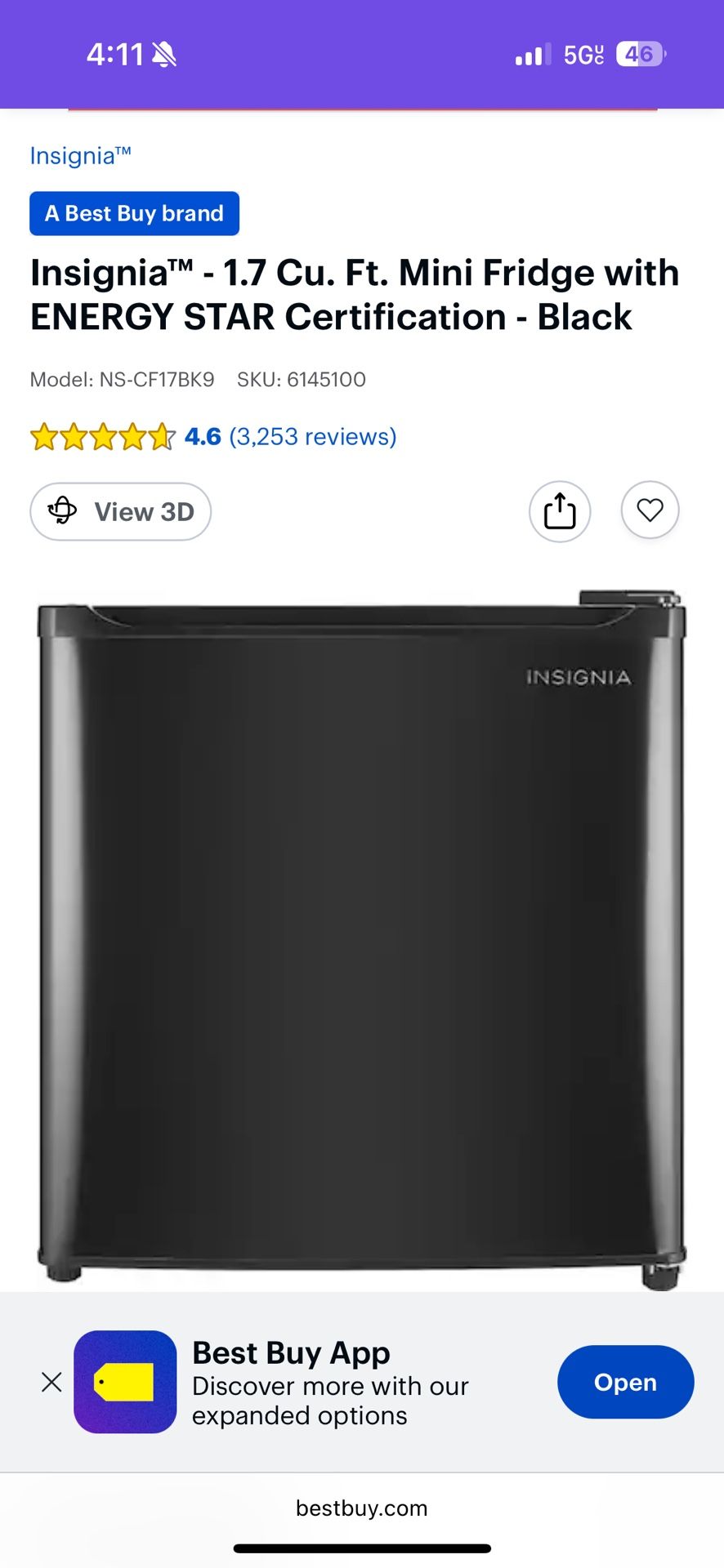 Best Buy -1.7 Cu ft Mini Fridge - Still In Box