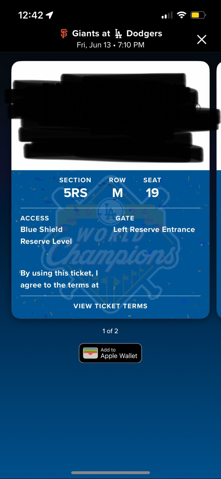 Dodger game 6/13 Reserve row m Seats 19-20