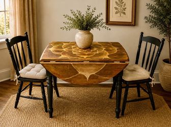 Solid Wood Drop Leaf Dining Table | Hand-Shaded Succulent Design, Farmhouse Kitchen Table