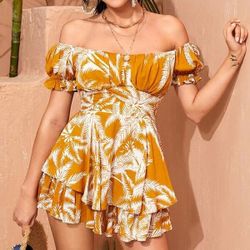 Women's one-piece jumpsuit, off-the-shoulder, floral print, chiffon dress, bohemian style, with ruffles