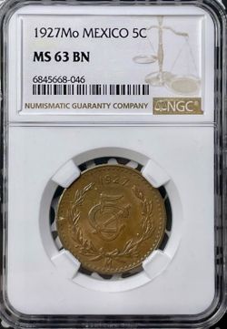 1927  Mexico 5 Centavos Monogram NGC MS 63 BN