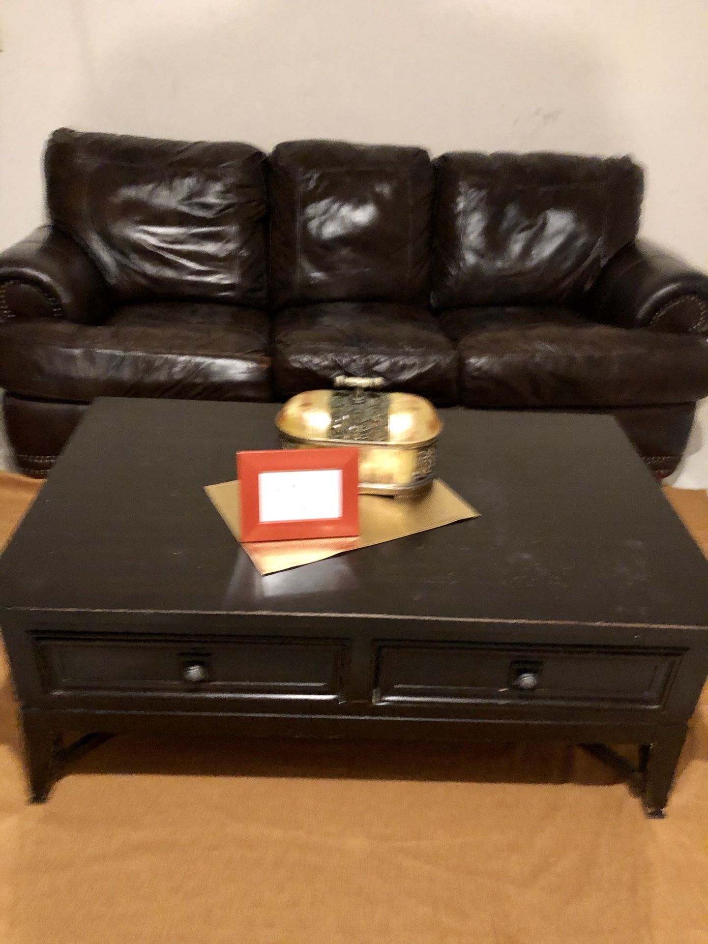 Brown Leather sleeper sofa & coffee Table