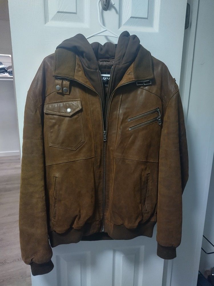 🔥 Men's Brown Leather Jacket With Hoodie (Size Large)