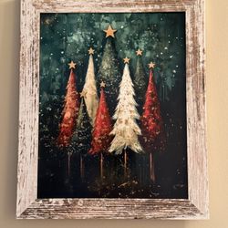 Christmas Trees Winter Red & Green Festive  print picture in Rustic Frame Farmhouse Vintage - Holiday Decor