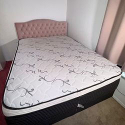 Queen size  Mattress, base & upholstered headboard.