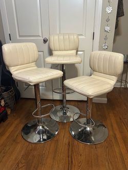 Set of 3 Cream Faux Leather Adjustable Swivel Bar Stools