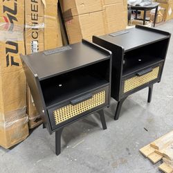 (Little crack)Dressing Table with Mirror﻿ Bohemian Style Rattan Nightstand, Set of 2, with Drawer Open Shelves, Rattan Decorative Nightstand, Solid Wo