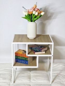 White Metal and Wood Side Table with Shelves