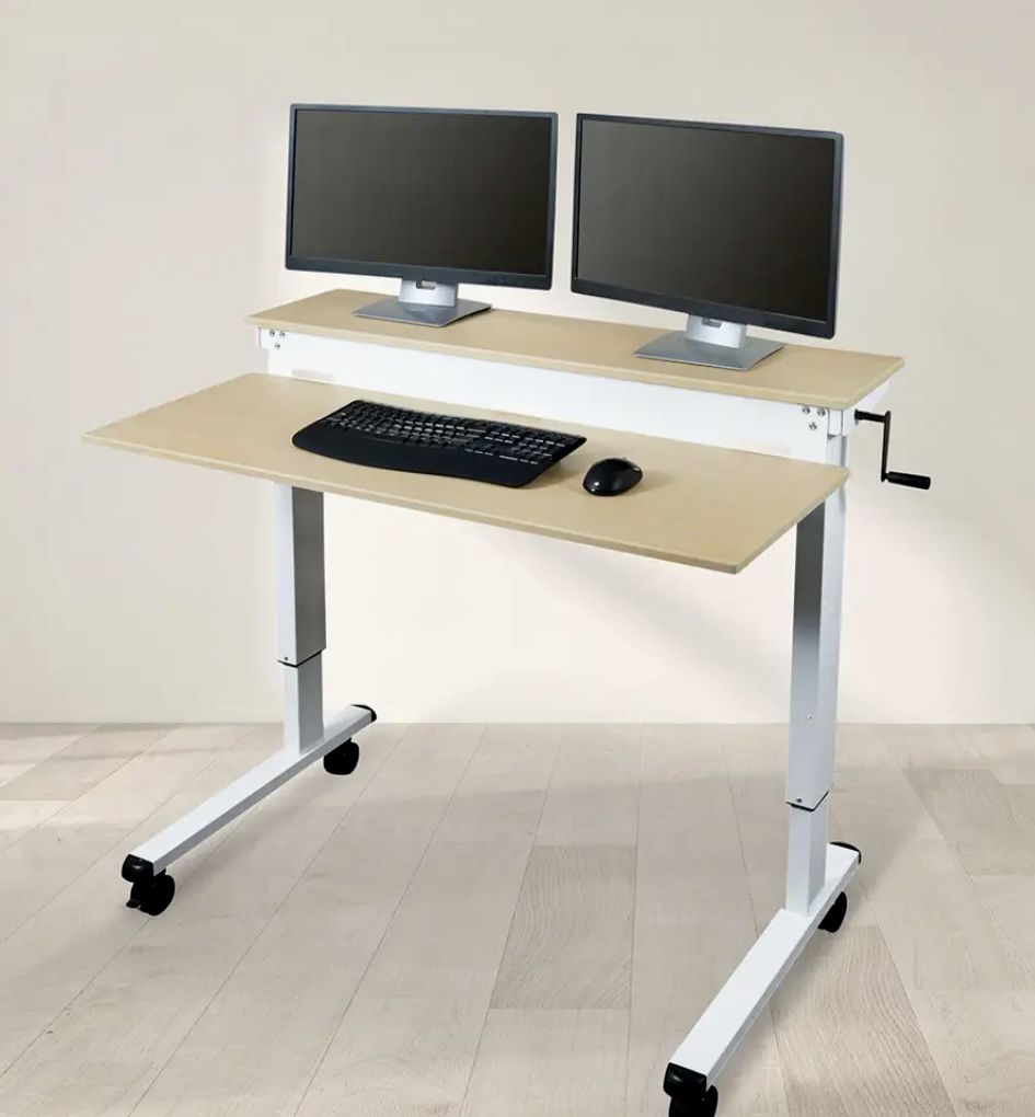 Stand up Desk with adjustable height in White Frame and Birch Desktop