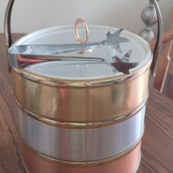 Vintage Gold, Silver, Copper Ice Bucket w/Tongs