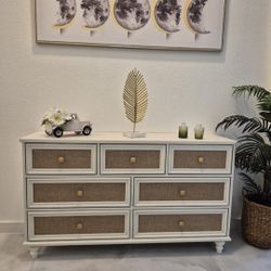 BEAUTIFUL DRESSER ANTIQUE WHITE& RATTAN 58X17X34 BRAND NEW IN BOX .DRAWERS OPEN CLOSE SMOTHLY