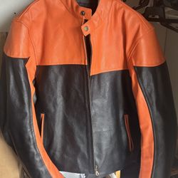 (ORIGINALLY $480) Real Leather Orange and Black Biker Motorcycle Jacket Size Large Vintage Rare 80s Collectable