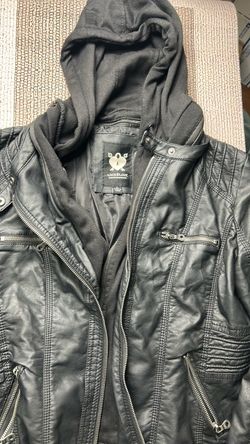 Lock & Love Hooded Faux Leather Moto Biker Jacket - Black-Large
