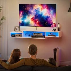 59” Floating White TV Stand With LED, with Power Station and Storage Shelving