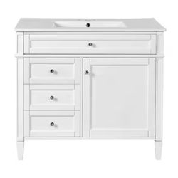 A000692A Ziyudura 36 in. Single Sink Freestanding White Bath Vanity with White Ceramic Top, 2 Drawers and a Tip-out Drawer