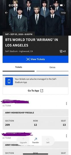 BTS World Tour In Inglewood, CA- 2x Sec 209 Row 12 (ARMY Presale Price)