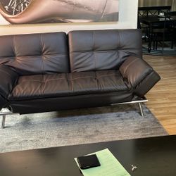 Leather Futon, Metal Frame With Outlets on the side