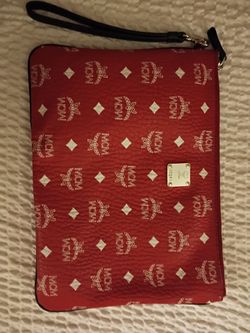 Authentic red MCM Visetos monogram zip pouch