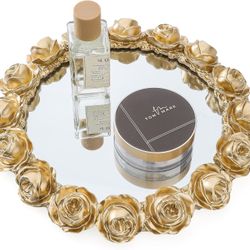 Gold Rose Mirrored Vanity Tray - Ornate Makeup Vintage Round Perfume Dresser