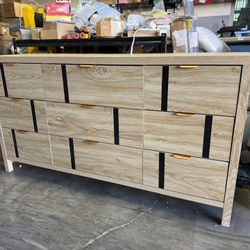 58.5" Wide Wood 9 Drawer Dresser with Vertical Bar Decoration and Metal Handle