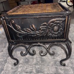 vintage cast iron plant stand  sunflowers on each side wicker on top beautiful