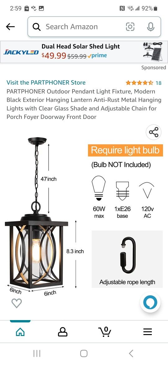 PARTPHONER Outdoor Pendant Light Fixture, Modern Black Exterior Hanging Lantern Anti-Rust Metal Hanging Lights with Clear Glass Shade and Adjustable C