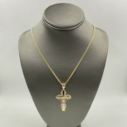10KT YELLOW GOLD 20” HOLLOW MIAMI CUBAN LINK CHAIN 3.5MM 6.2GR W/ 14KT TRI-COLOR GOLD CROSS CHARM 5.4GR