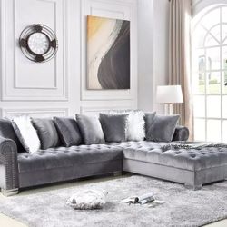 Grey Velvet L-Shaped Sectional