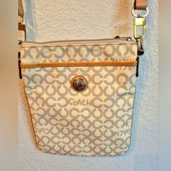 COACH Cream and Tan Crossbody Bag w/ Signature Monogram