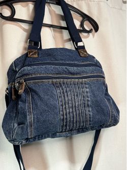 Blue Denim Duffle Bag Zip Closure Adjustable Strap Leather Accented Top Handle