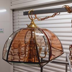 Vintage Brass & 2 Toned Etched Glass Dome Chandelier