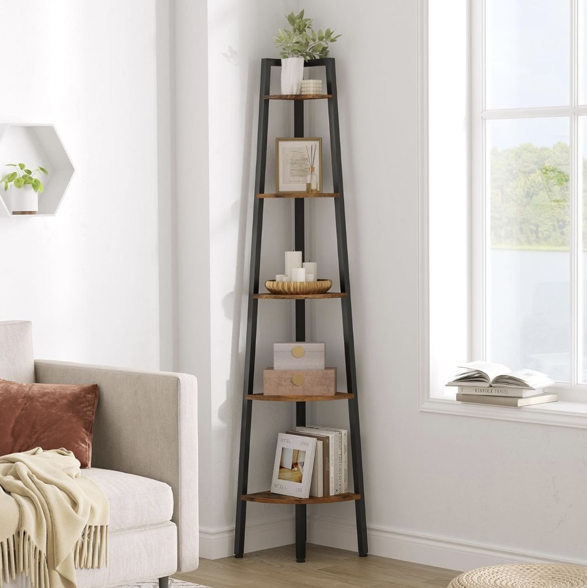 5-Tier Corner Bookshelf, Rustic Ladder Shelf