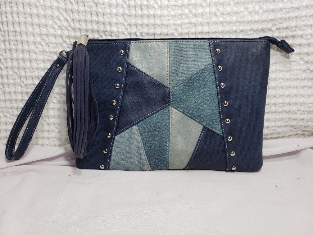 Womens Clutch Handbag Purse Faux Leather Patchwork Navy Blue Studded Boho. 