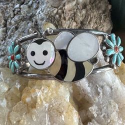 6 1/2 Sterling Silver Multi- Gemstone Bee Turquoise Cuff Bracelet