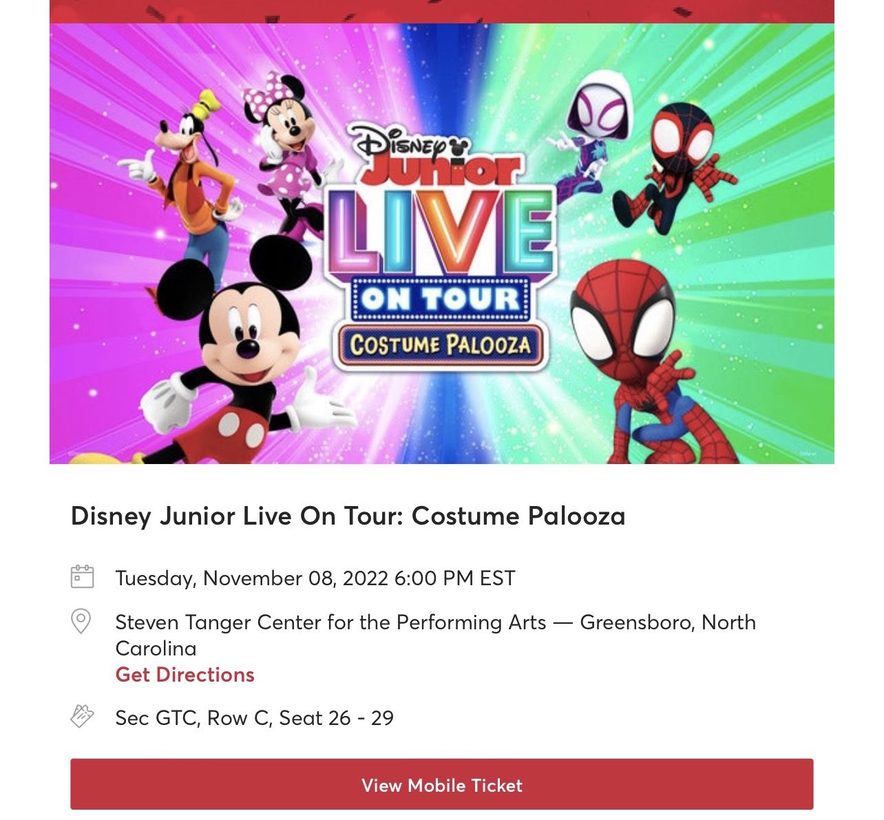 Disney Jr Live In Greensboro - Nov  ( 4 Tickets)